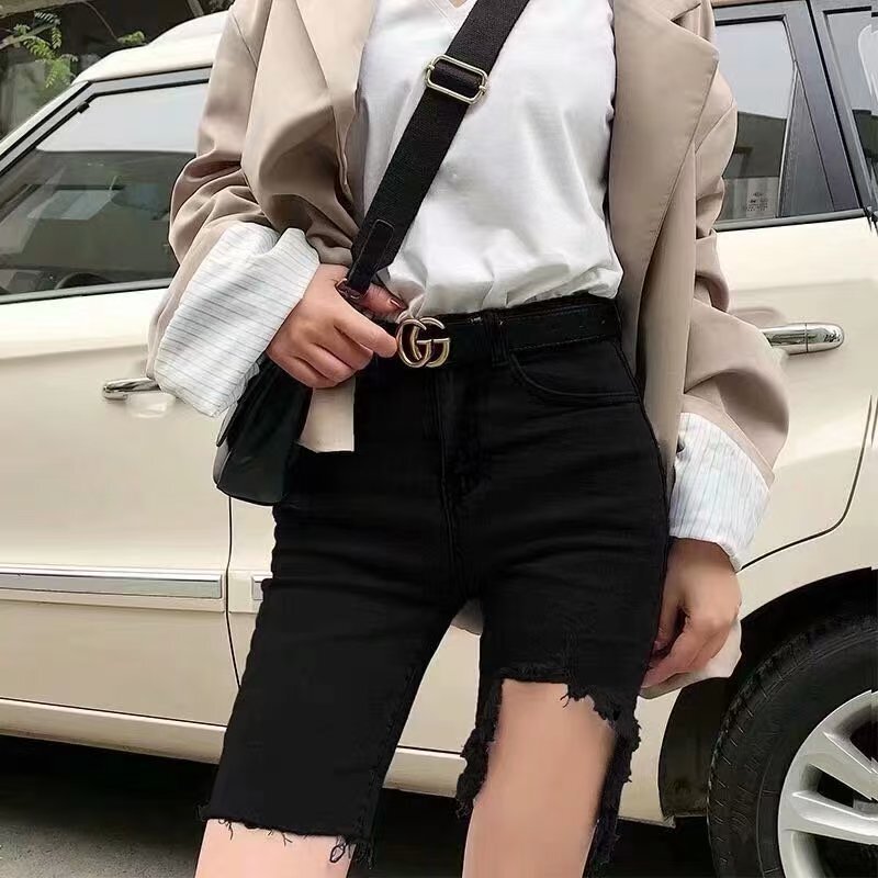 Hong Kong Style Ripped Denim Shorts for Women, Summer High-Waisted Slimming Plus-Size Versatile Tight-Fitting Stretchy Slim-Fit Knee-Length Shorts