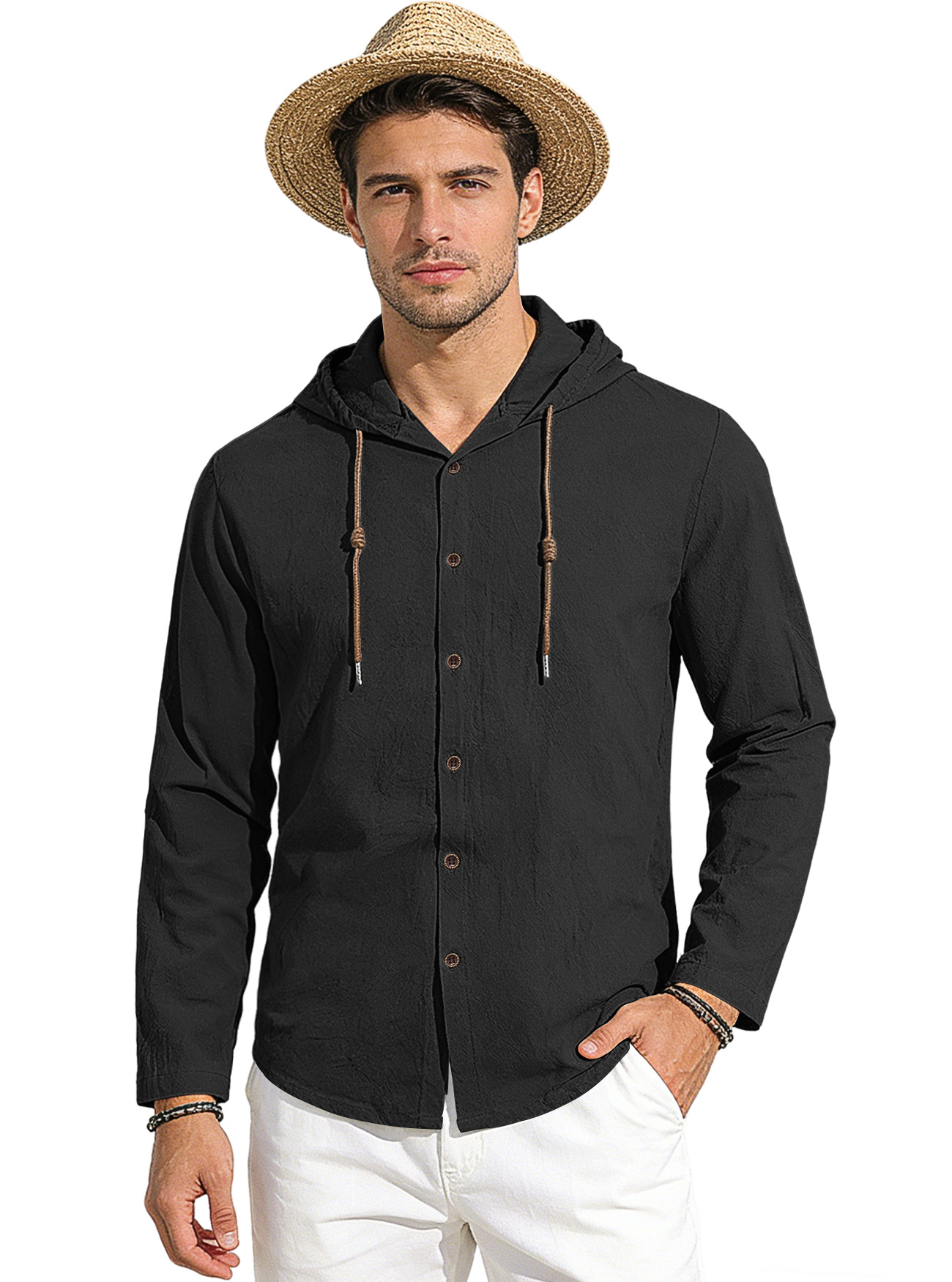 Transfronterizo Amazon nuevo estilo de primavera y verano hombre encapuchado camiseta suelta de algodón puro transpirable camisa casual de manga larga