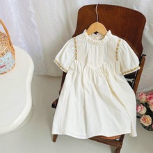 2025夏季童装法式百褶女童连衣裙立领蕾丝绣花气质女宝宝短袖裙子