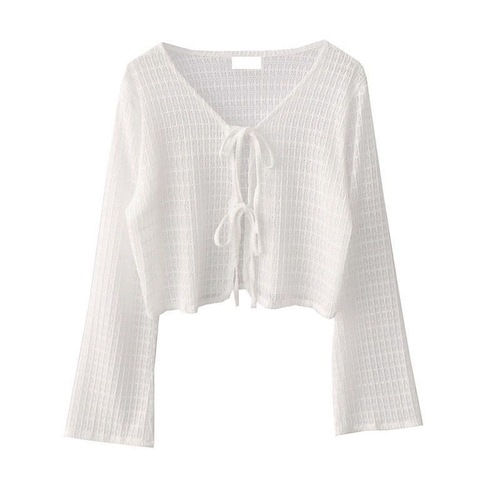 Chic summer thin lace mesh strappy sweater for outerwear, ice silk short mesh sun shirt with long sleeves for women