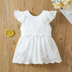 亞馬遜速賣通熱賣女童可愛飛袖蕾絲花邊連衣裙女寶寶雪紡公主裙