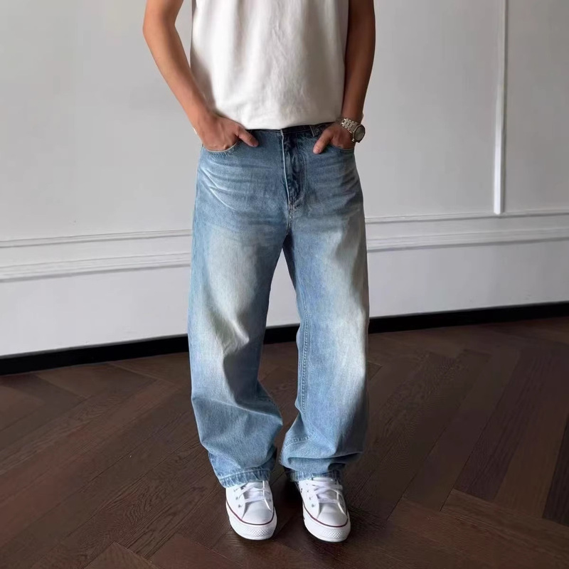 Spring/Summer 12oz Ice Blue Nevada Light Blue Washed Distressed Whiskered Honeycomb Straight Loose Jeans
