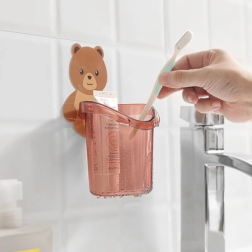 卡通小熊牙刷杯家用儿童透明浴室吸盘无痕壁挂式免打孔置物牙刷架