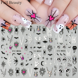 FULL BEAUTY Cross-border Halloween Nail Art Stickers Micro Carved Rose Red Love Spider Web Bat Nail Stickers