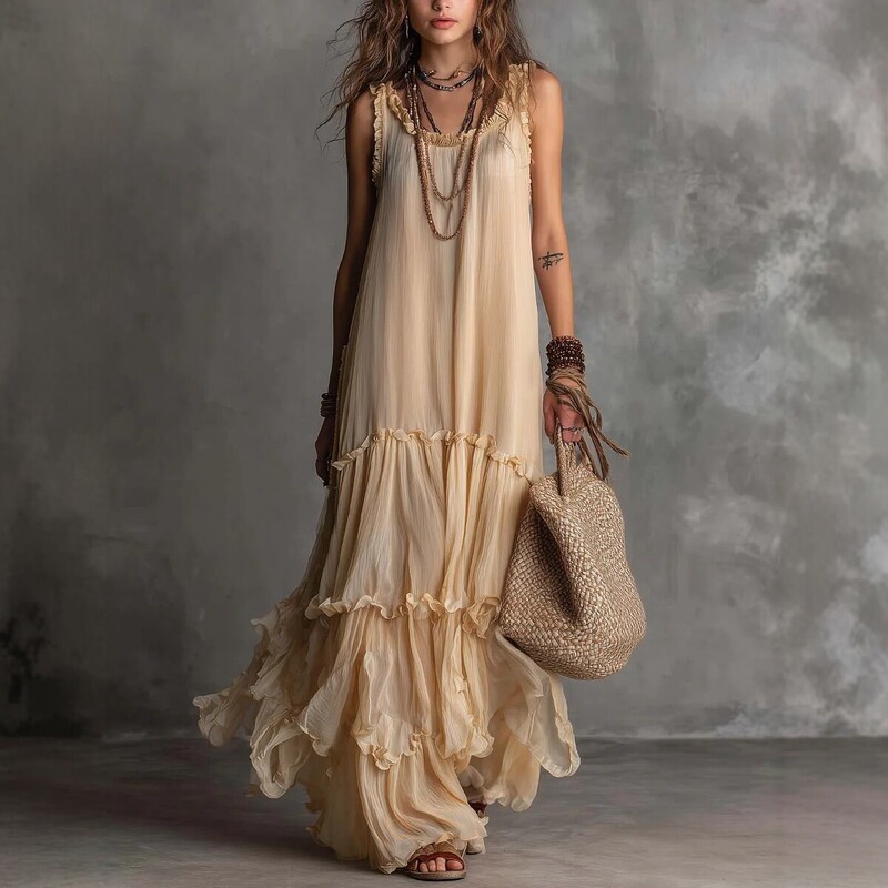 2026 New European and American Resort-Style Sleeveless Long Dress for Women, with Heavy Pleats and Flowing Large Hem, Summer New Model