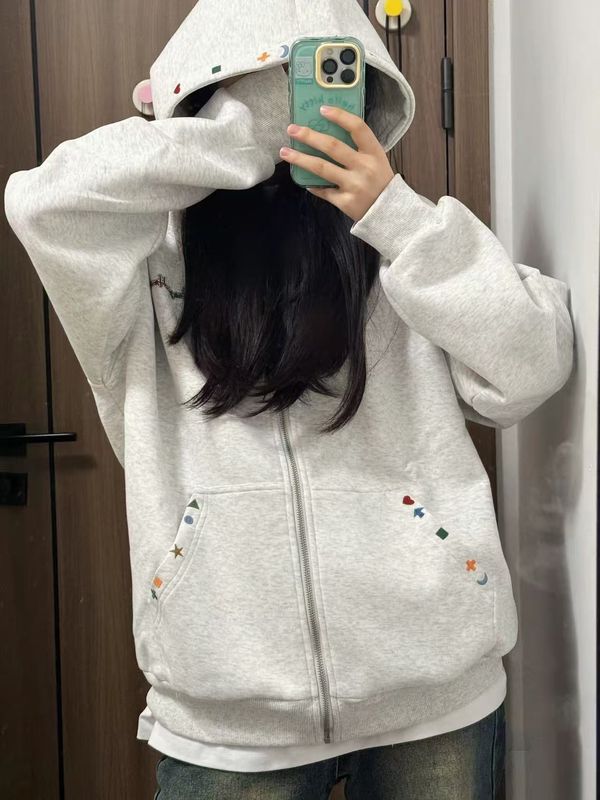 加绒美式复古彩刺绣连帽卫衣外套女秋冬宽松休闲开衫长袖上衣情侣|undefined