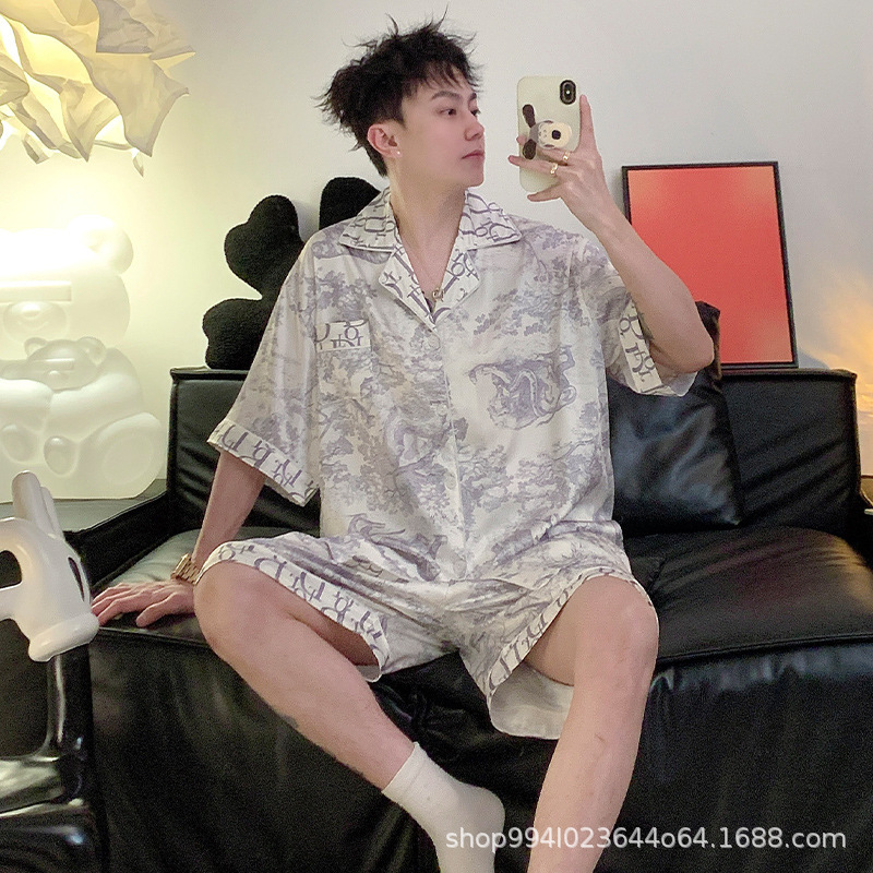 Ice Silk Pajamas for Men, Summer Ice Silk Cool Short-Sleeved Jungle Ink Painting Silk Satin Plus Size Home Wear Ice Silk Pajamas for Men, Summer Ice Silk Cool Short-Sleeved Jungle Ink Painting Silk Satin Plus Size Home Wear