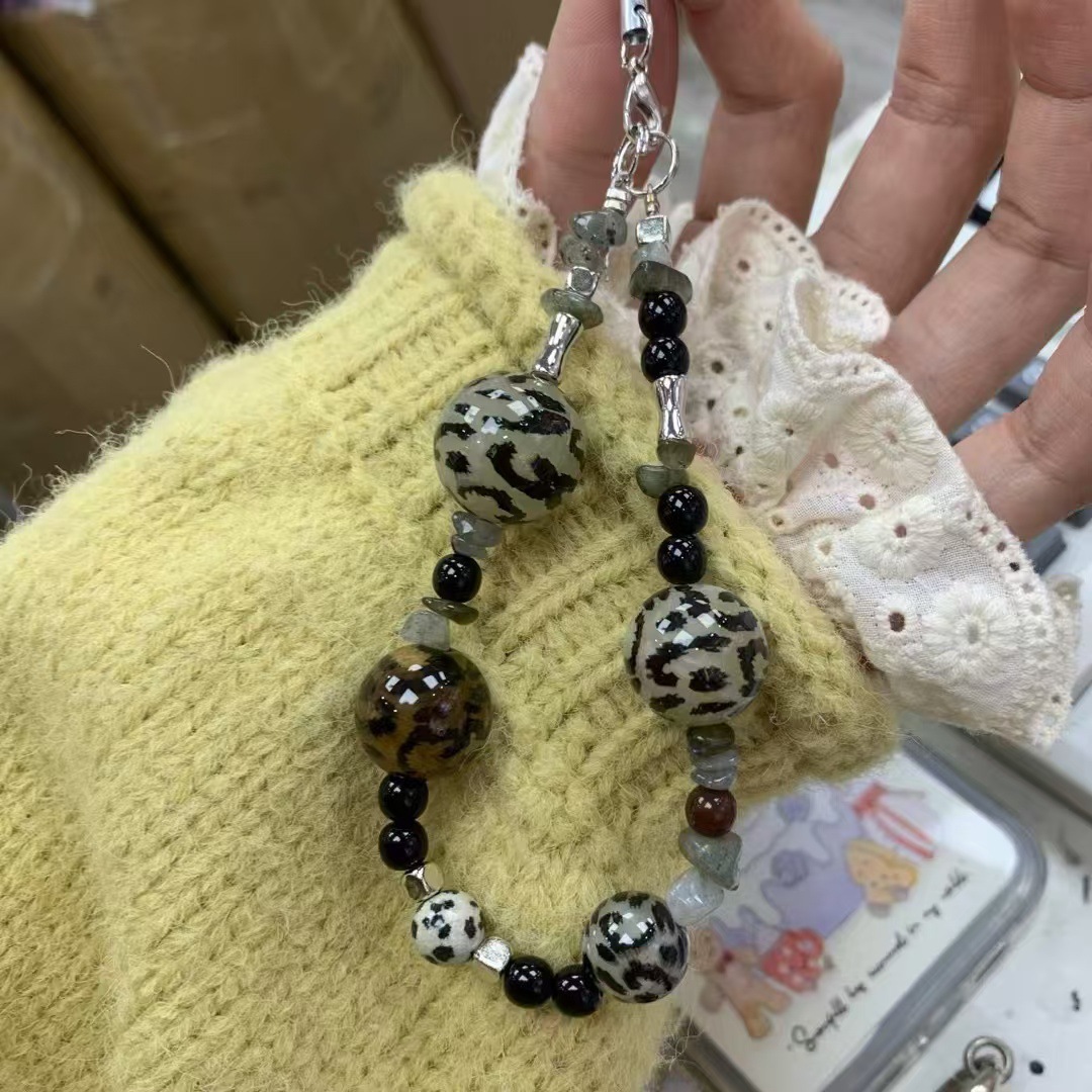 個性創意豹紋串珠手提鏈手腕短掛繩手機殼汽車鑰匙扣包包掛件女潮