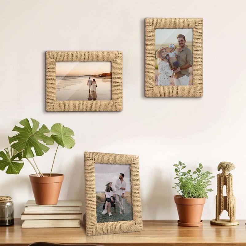 Customized Cross-Border Rattan Decorative Photo Frame Bohemian Style Wall Hanging Photo Frame Hand-Woven Paper Rattan Photo Frame Wall Decoration