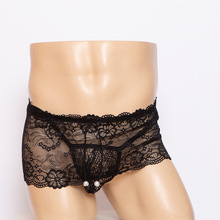 外贸男士蕾丝情趣内裤 性感诱惑男丁字裤两件套透明兜住设计T子裤