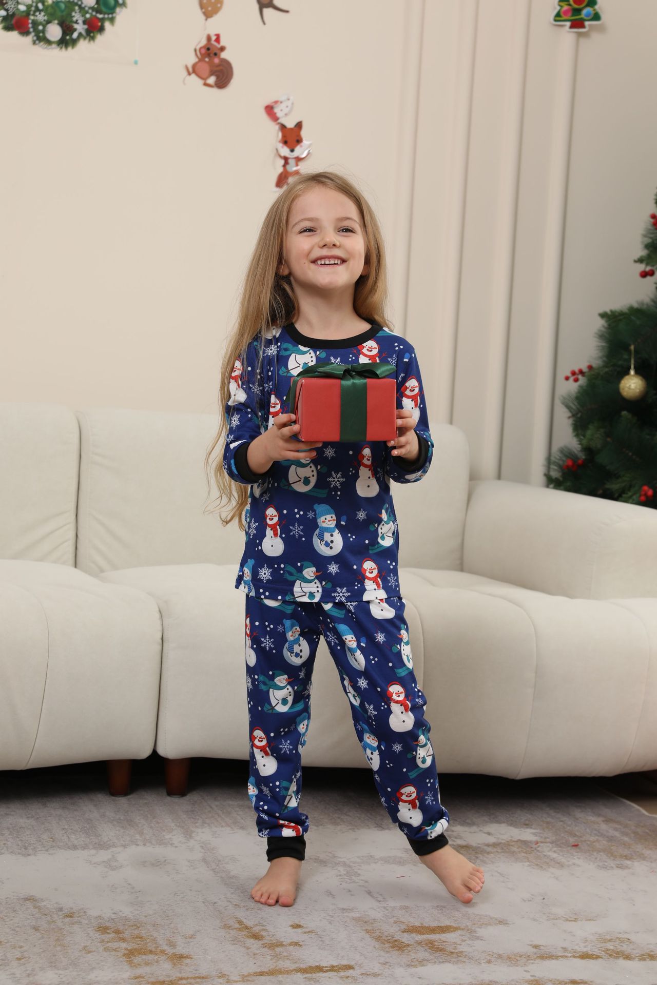Christmas snowman snow hat plaid Christmas parent-child suit printed homewear_voghion.com
