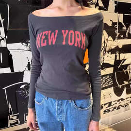 BM风毛边一字领纽约字母NEWYORK印花长袖T恤bm百搭辣妹卷边上衣潮