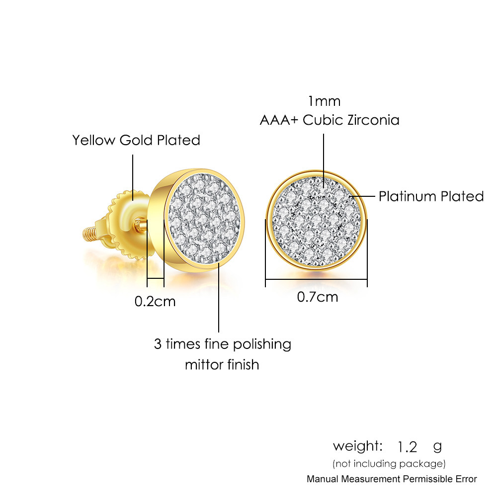4g Weight Copper Ear Needle Material 1 Pair Hip-Hop Round Plating Inlay Copper Zircon White Gold Plated Ear Studs