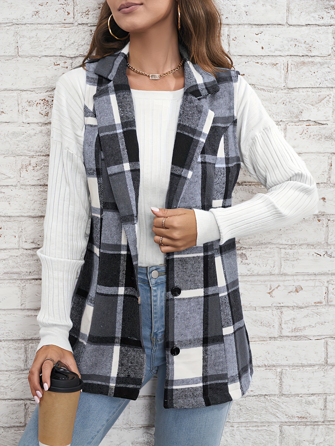 Fashion women‘s lapel suit vest plaid jacket