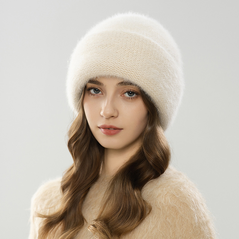 Mũ len beanie nữ dệt kim len thỏ Angora, chu vi vòng đầu lớn, giữ ấm mùa đông — màu be