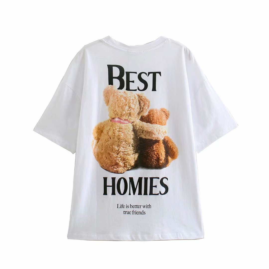 bear print white loose T-shirt  NSAM42982