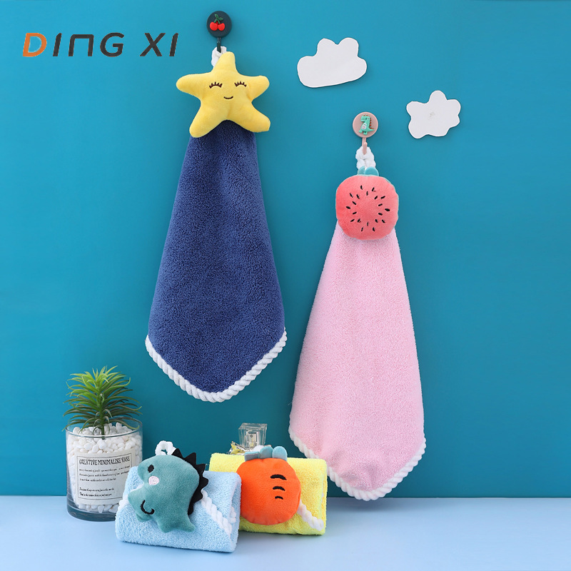 Hand Towel Can Be Hung Cartoon Coral Fleece Kitchen Bathroom Household Children Cute Absorbent Paint Towel Factory Wholesale