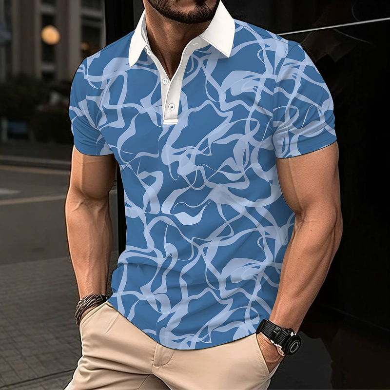 New men's printed polo shirt with line art pattern, contrasting color, turn-down collar, button placket, and cool feel New men's printed polo shirt with line art pattern, contrasting color, turn-down collar, button placket, and cool feel