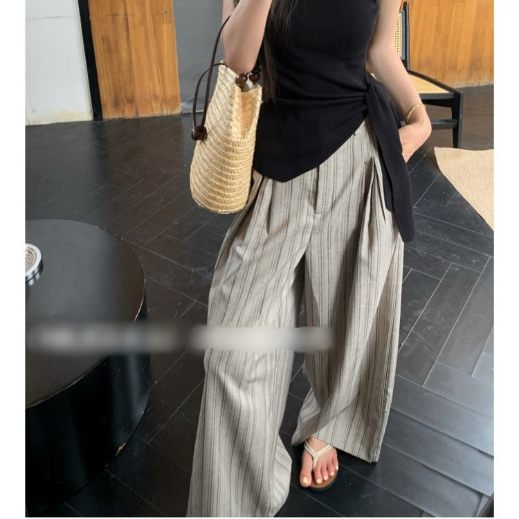 韩系套装高级感黑色背心飘带上衣女装夏条纹复古阔腿宽松高腰长裤|undefined