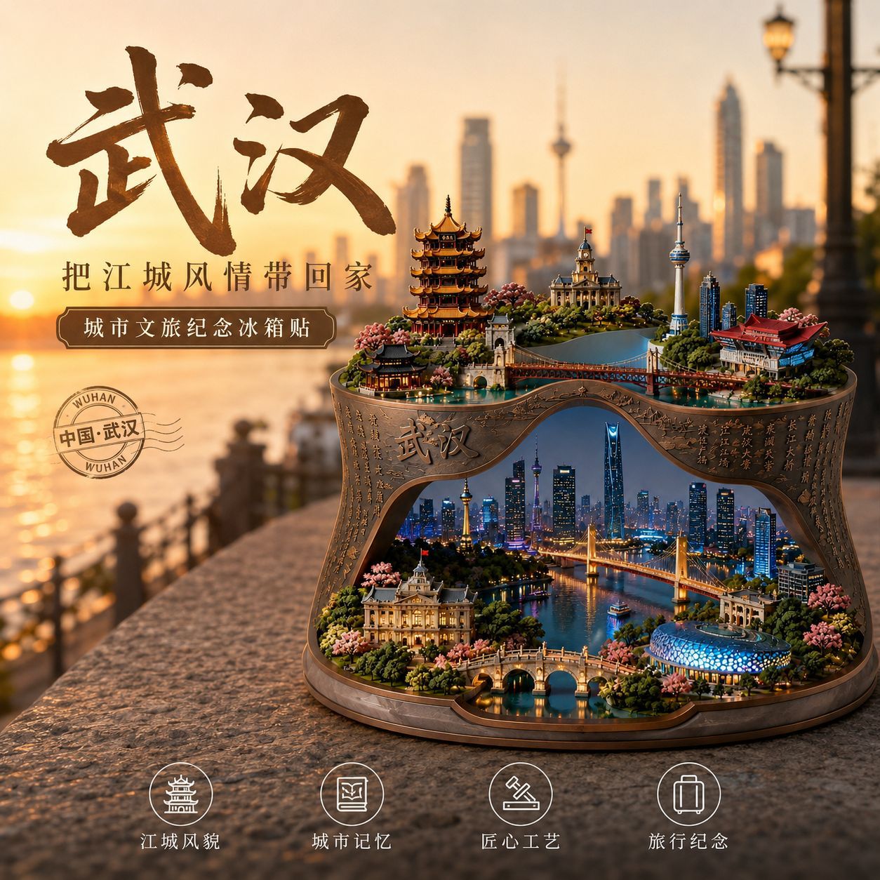 网红武汉地标爆款金属冰箱贴旅游景点文创纪念品伴手礼物装饰门贴