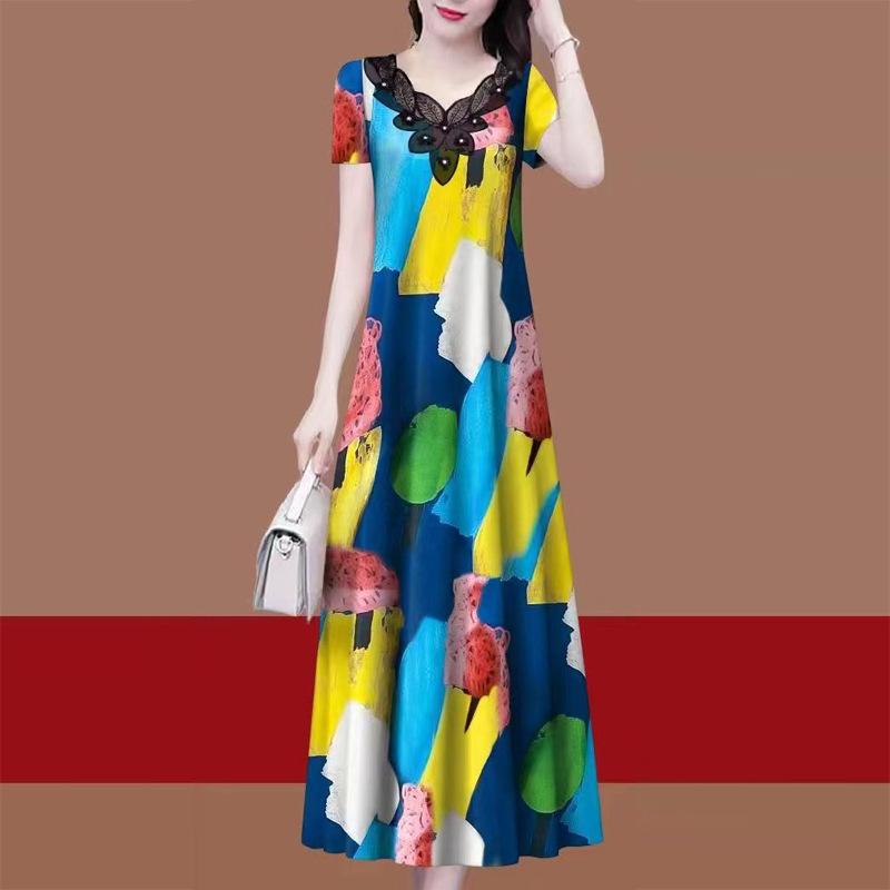 Cross-border new summer short-sleeved waist temperament middle-aged mother plus size fashion Korean style long dress