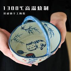 陶美集手绘青花瓷提篮果盘景德镇手工釉下彩中式猫咪带提手盘子小
