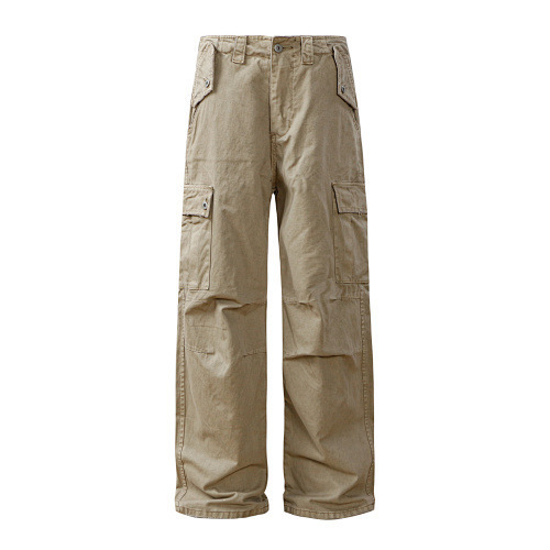 Khaki American Retro Work Pants for Men, Autumn and Winter Trendy Brand, Distressed Multi-Pocket Straight Wide-Leg Jeans