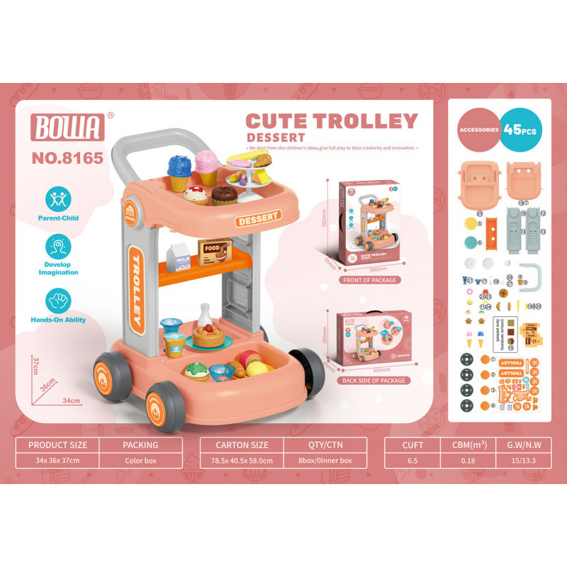 Transfronterizos niños simulación postres kits de atención médica herramientas de limpieza cubiertos de cocina carro juguetes