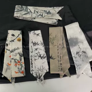 墨竹白鹤新中式古风发带长条丝巾女发饰水墨画中国风原创飘带发带