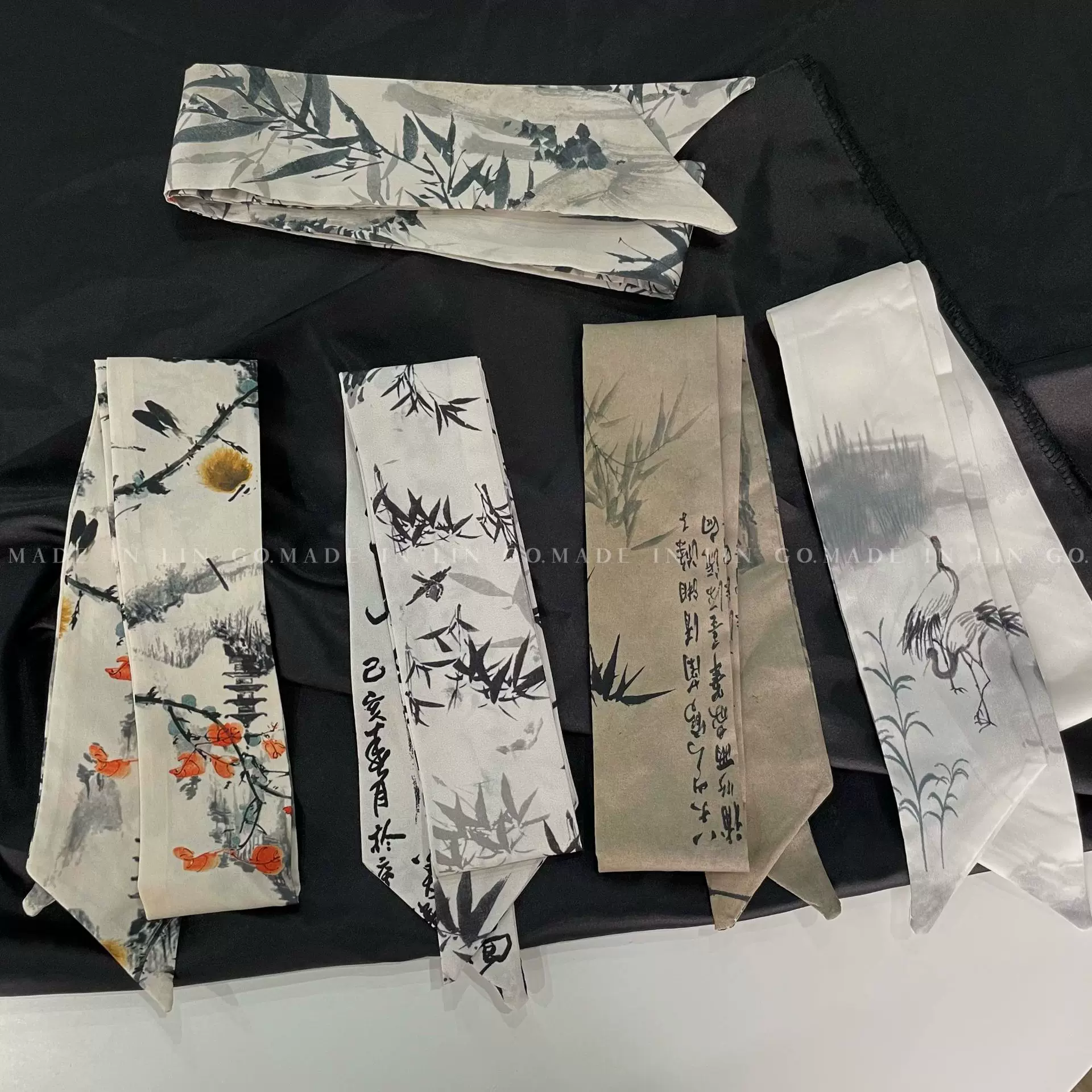 墨竹白鹤新中式古风发带长条丝巾女发饰水墨画中国风原创飘带发带