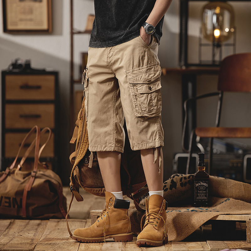 American Heavy-Duty Workwear Cropped Pants for Men, Loose Straight Large Size Mid-Pants, Summer Thin Retro Casual Shorts for Men