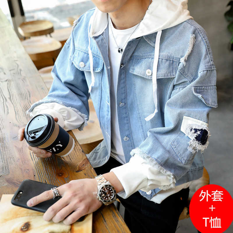 Spring and Autumn Korean-style Ripped Denim Jacket Men's Loose Fake Two-piece Hooded Jacket bf Style Student Clothes Trend