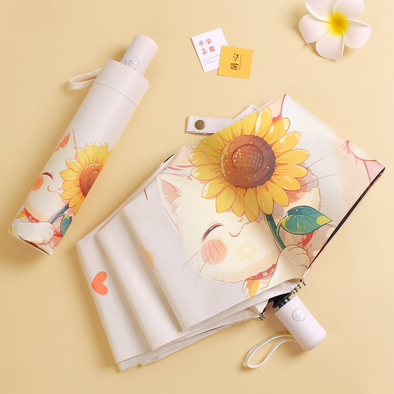 Automatic Sunshade Umbrella Women's Fresh Illustration Cartoon Sunscreen Umbrella Black Glue Anti-UV Sunny Umbrella Student Folding