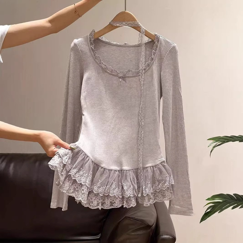 Korean-Style Sweet Lace-Trimmed Long-Sleeve T-Shirt for Women, New Autumn and Winter Model, Slim-Fit, Inner Layer, Regular Shoulder Top