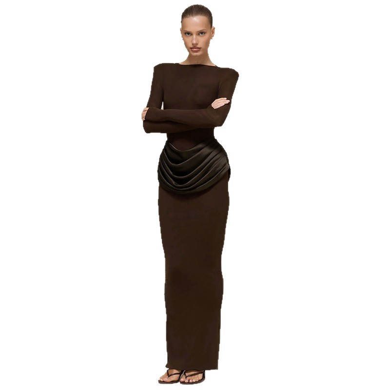2025 transfronterizo Europa y América ropa de mujer otoño y invierno nuevo temperamento de color sólido mangas largas plegadas delgadas bolsas de cadera vestido largo para mujeres