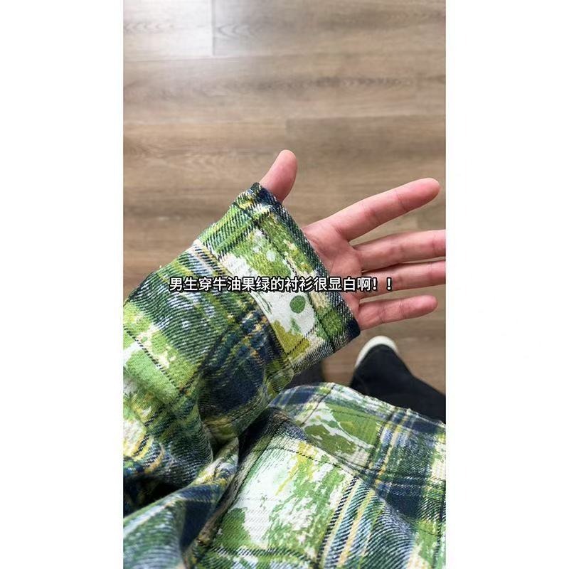 vintage Green Tie-Dye Plaid Shirt Men's American Style Retro Couple's Long Sleeve Shirt Jacket Stacked Top