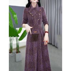 时尚轻奢高档保暖加绒连衣裙女秋冬新款洋气妈妈装收腰A字裙7899