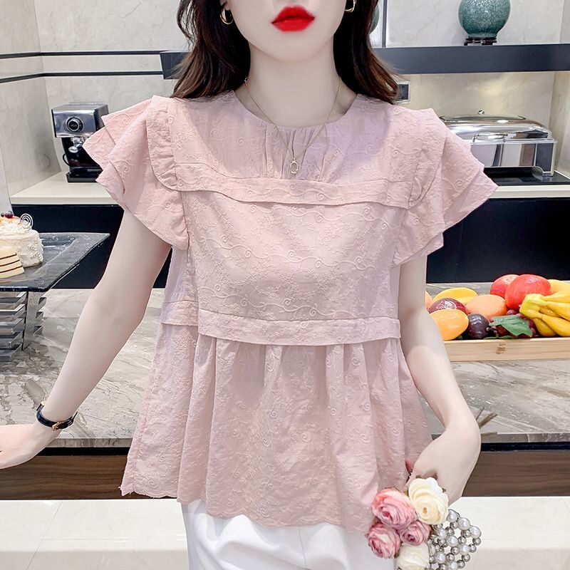 Short-Sleeved Chiffon Shirt for Women 2026 New Summer Style Loose-Fitting Tummy-Covering Chic Top with Small Flying Sleeves