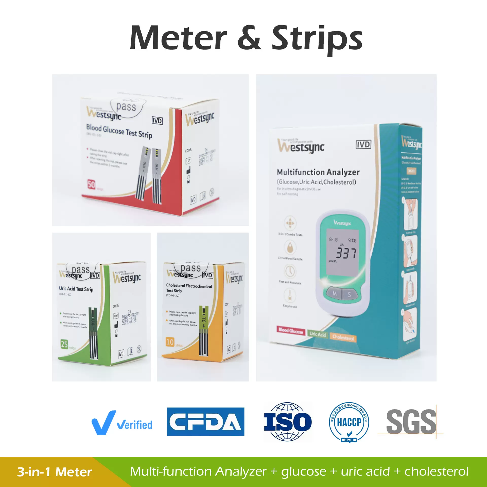 现货跨境总胆固醇分析仪尿酸检测仪家用血糖测试仪三合一英文