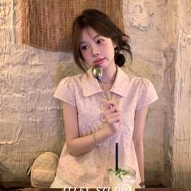 韩系甜美粉色飞机袖波点衬衫短袖女夏季超火减龄氛围感巨好看上衣