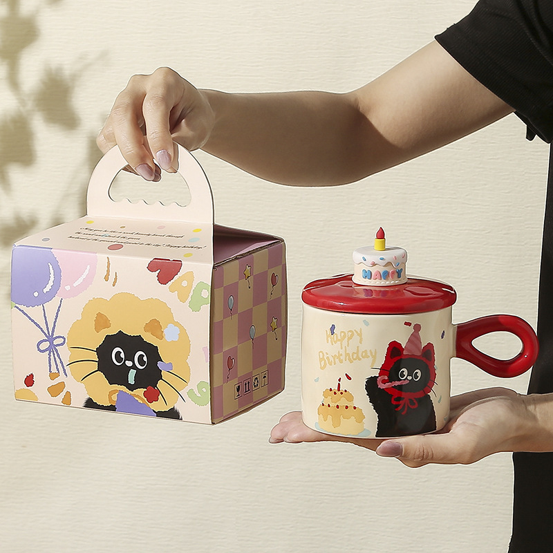 Regalo de cumpleaños de cerámica taza de agua de pareja de alto valor de caricatura encantadora caja de regalo de gato regalo de acompañante taza de desayuno