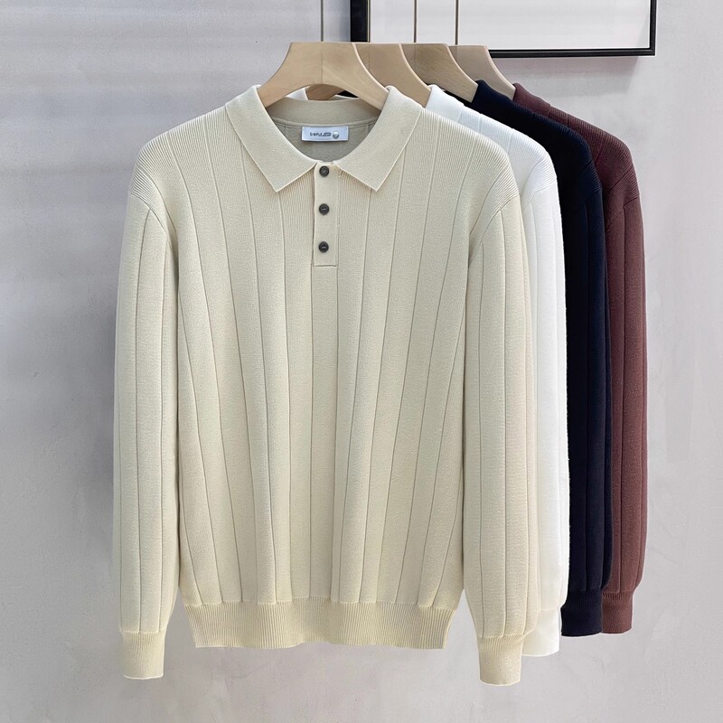 High-End Knitted Polo Shirt Long-Sleeved Men's Shirt Collar Sweater Autumn and Winter Business Warm Base Shirt Men's 2025 New Style