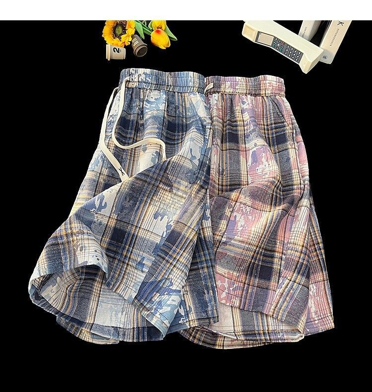 Men's And Women's Tie Dye Plaid High Waist Street Style Shorts Casual Retro Straight Five Point Beach Outerwear_viptrois.com