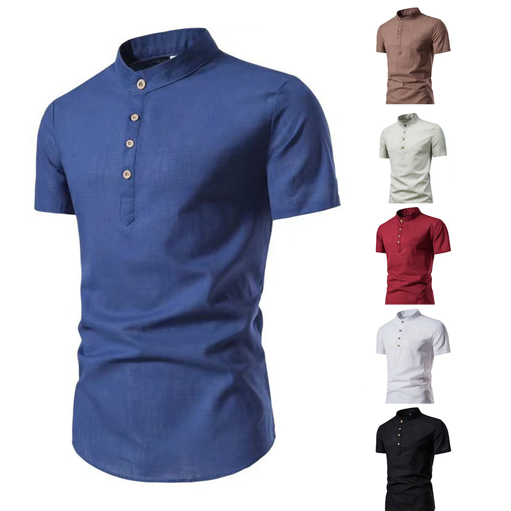 2026 Cross-Border Foreign Trade Men's Shirt, Fashionable Slim-Fit Solid Color Short-Sleeve Business Stand-Up Collar Half-Open Men's Shirt