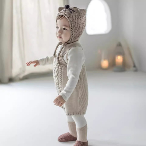 Ins Spring Infant Houndstooth Knit Belted Pants Hoodie Double Button Belted Shorts All-in-One Suit Sweater Crawling Suit