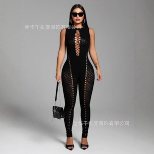 European and American Cross-Border 2025 Spring New Women's Sleeveless Tiger Pattern Cut Out Slim High Waist Sexy Fashion Jumpsuit for Women