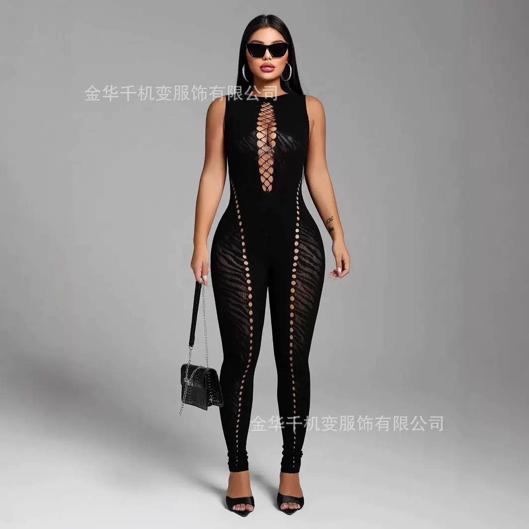 欧美跨境2025春季新款女装无袖虎纹镂空修身高腰性感时尚连体裤女