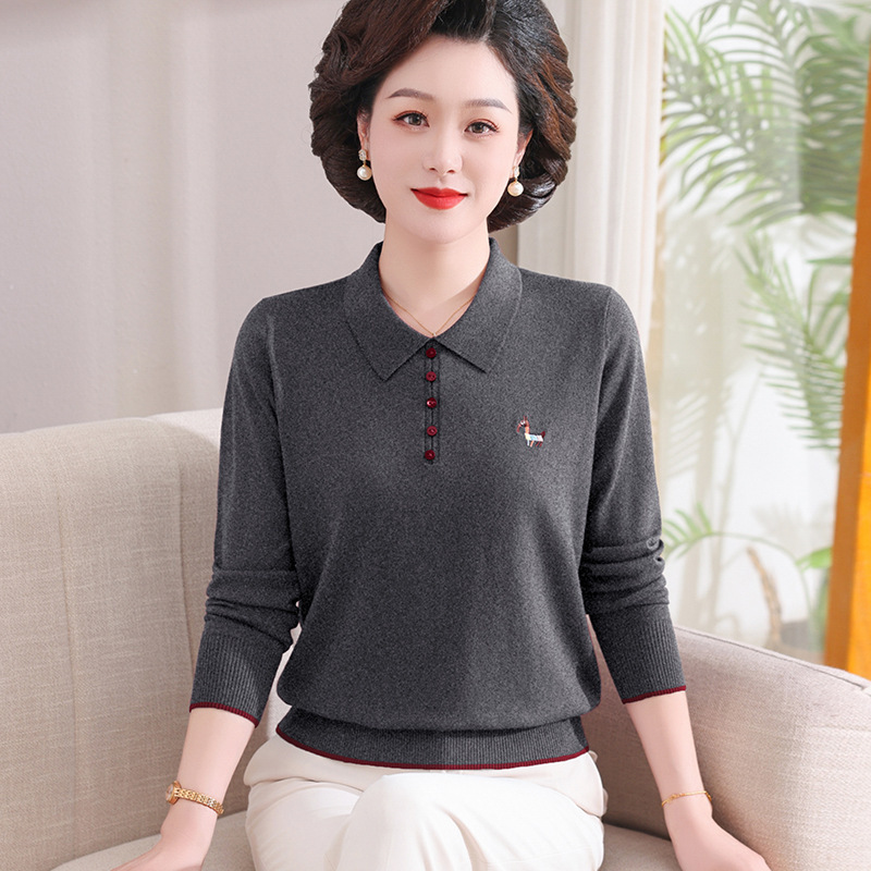 中年のお母さんの洋風の小さいシャツの春の服の2025新型の底の上着の中で老年の婦人服のニットの長袖のtシャツ|undefined