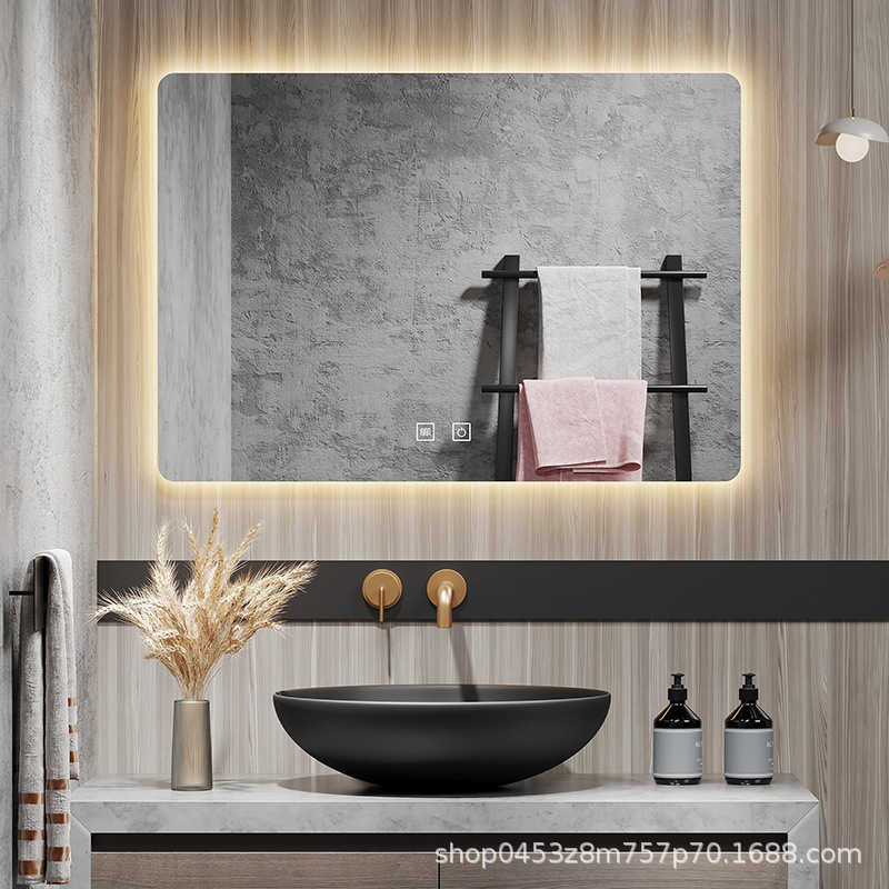 Espejo de baño, gabinete de espejo de baño, lavabo de pared inteligente colgado en la pared, inodoro con lámpara de pantalla táctil, espejo de niebla led