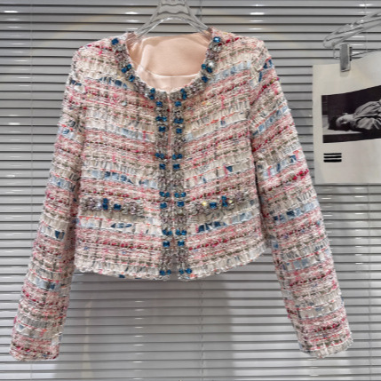 2025 New Winter Style French Socialite Gemstone Beaded Edge Woven Tweed Short Jacket Top for Women